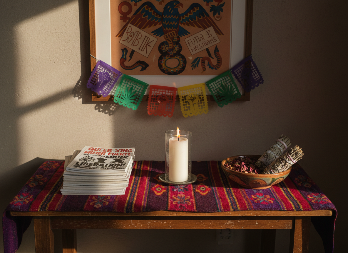 An intimate, symbolic still life of a home altar dedicated to queer Chicanx and Muxerista resistance: a low wooden table draped in a richly patterned, handwoven textile in deep reds, purples, and golds. Atop the cloth rests a lit white veladora candle in a clear glass holder, a small rainbow-striped papel picado banner, a stack of zines with bold, radical cover art, and a ceramic bowl filled with dried rose petals and sage. The background features a muted wall with a framed abstract print inspired by Chicanx iconography. Warm golden-hour light streams from the side, casting dramatic, elongated shadows and a soft glow around the candle, photographed in realistic detail from an eye-level perspective, evoking reverence, resilience, and contemplative energy.
