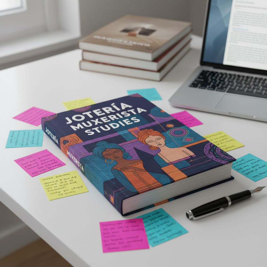 A close-up of a beautifully designed book cover titled “Jotería Muxerista Studies” resting on a minimalist white table, surrounded by scattered sticky notes in bright magenta, turquoise, and yellow, each densely filled with handwritten annotations. A sleek black fountain pen lies diagonally across the lower corner of the book. In the background, slightly out of focus, are neatly stacked academic journals and a laptop with a glowing screen showing a partially visible article abstract. Soft, diffused overcast light from an unseen window bathes the scene, creating gentle, even illumination. Photographic realism with a slightly elevated angle, clean and modern composition, emphasizing intellectual focus and meticulous scholarship.
