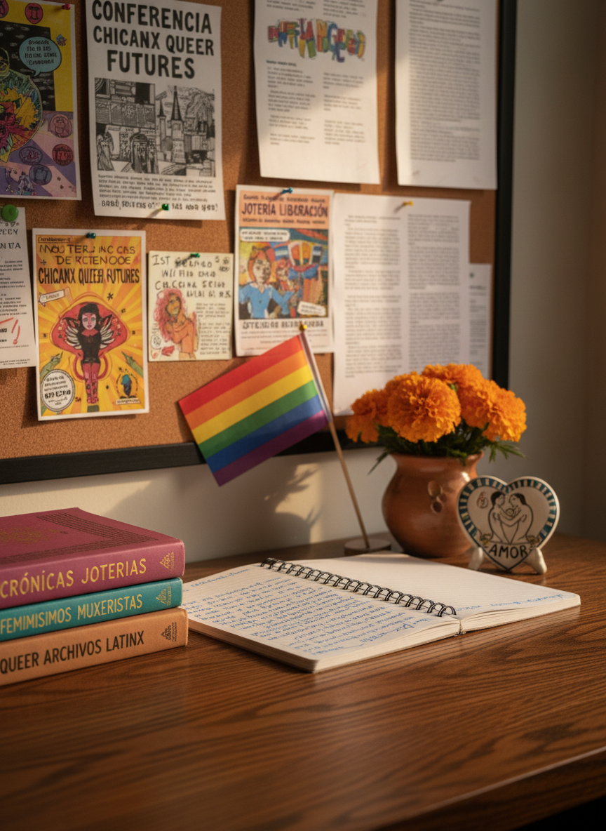 A richly textured wooden desk covered with neatly arranged academic artifacts celebrating Jotería and Muxerista studies: a stack of worn, colorful hardcover books with Spanish titles, a spiral notebook opened to handwritten critical notes, and a vivid altar-like arrangement of marigolds, a small rainbow flag, and a hand-painted ceramic heart. Behind, a corkboard filled with pinned zines, flyers for queer Chicanx conferences, and printed article pages. Soft afternoon window light spills across the surface, creating warm highlights on the paper edges and subtle shadows in the book spines. Photographic realism, eye-level composition with shallow depth of field, the foreground in crisp focus and the background softly blurred, conveying a thoughtful, professional, and scholarly atmosphere.
