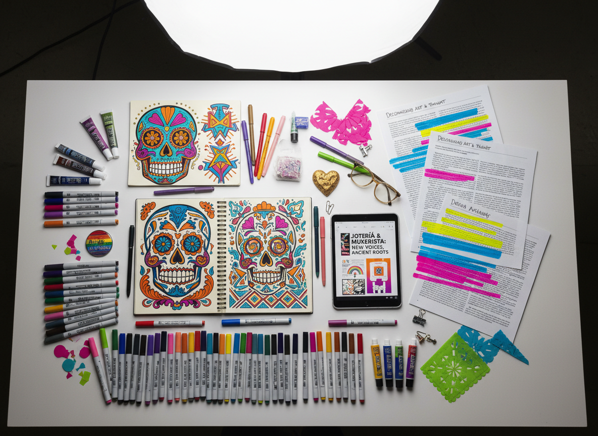 A vibrant flat lay of creative materials used to produce Jotería and Muxerista art and scholarship, spread across a large white drafting table. Visible are open sketchbooks with bold, abstract illustrations inspired by Chicanx cultural symbols, brightly colored markers and brush pens, a tablet showing a digital zine layout, and printed pages of an academic article covered in multicolored highlighting. Small objects—a rainbow enamel pin, a tiny clay milagro heart, and fragments of papel picado—add personal, cultural detail. Overhead, cool, diffused studio lighting creates soft, shadowless illumination, ensuring every object is crisply visible. Photographic realism from a true top-down, bird’s-eye perspective, with an energetic, creative, and intellectually engaged atmosphere.