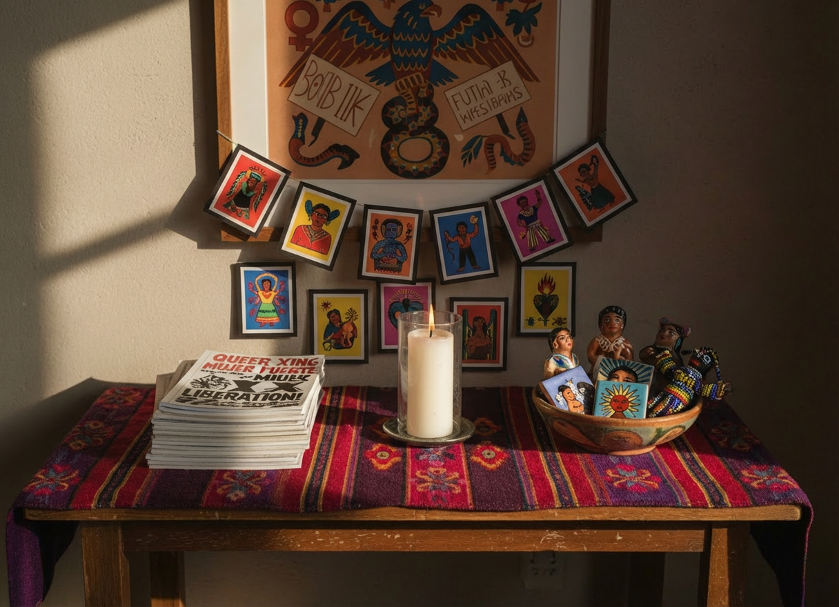 An intimate, symbolic still life of a home altar dedicated to queer Chicanx and Muxerista resistance: a low wooden table draped in a richly patterned, handwoven textile in deep reds, purples, and golds. Atop the cloth rests a lit white veladora candle in a clear glass holder, a small rainbow-striped papel picado banner, a stack of zines with bold, radical cover art, and a ceramic bowl filled with dried rose petals and sage. The background features a muted wall with a framed abstract print inspired by Chicanx iconography. Warm golden-hour light streams from the side, casting dramatic, elongated shadows and a soft glow around the candle, photographed in realistic detail from an eye-level perspective, evoking reverence, resilience, and contemplative energy.